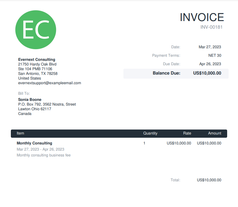 Example of an invoice