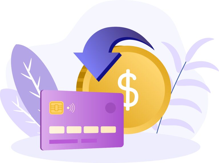 chargeback illustration with a credit card, round golden money coin, and an arrow