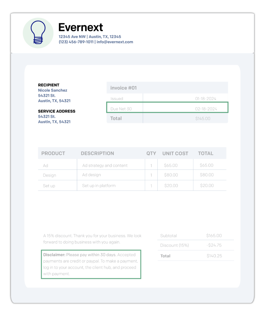 Payment terms example on an invoice