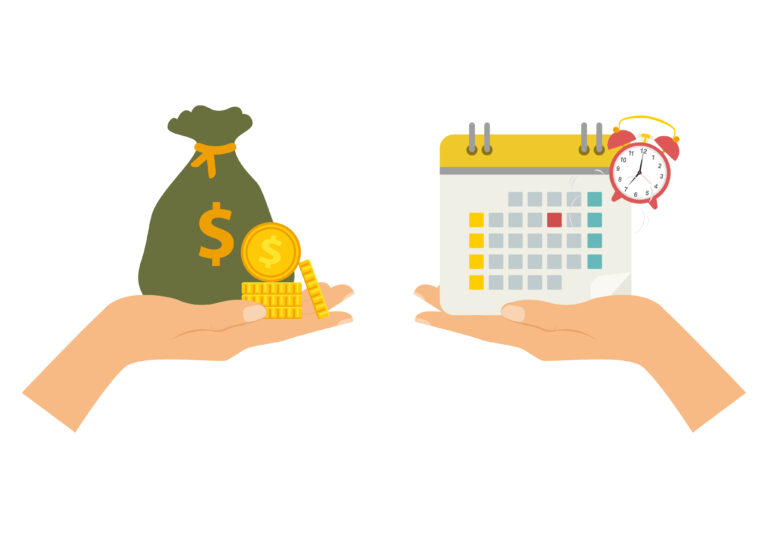 hand with money bag an a hand with a calendar and clock