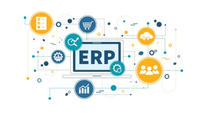 Letters ERP with icons to represent Enterprise resource planning concept