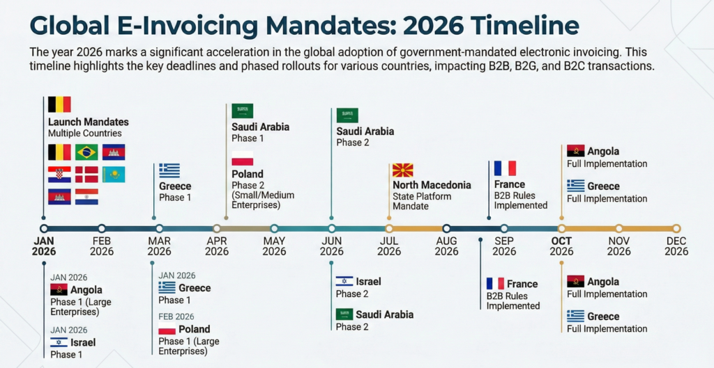 The image depicts a timeline of the 2026 global e-invoicing mandates, broken down by month and using each country's flags.