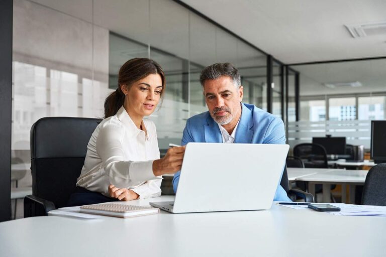 B2B finance professionals looking at laptop